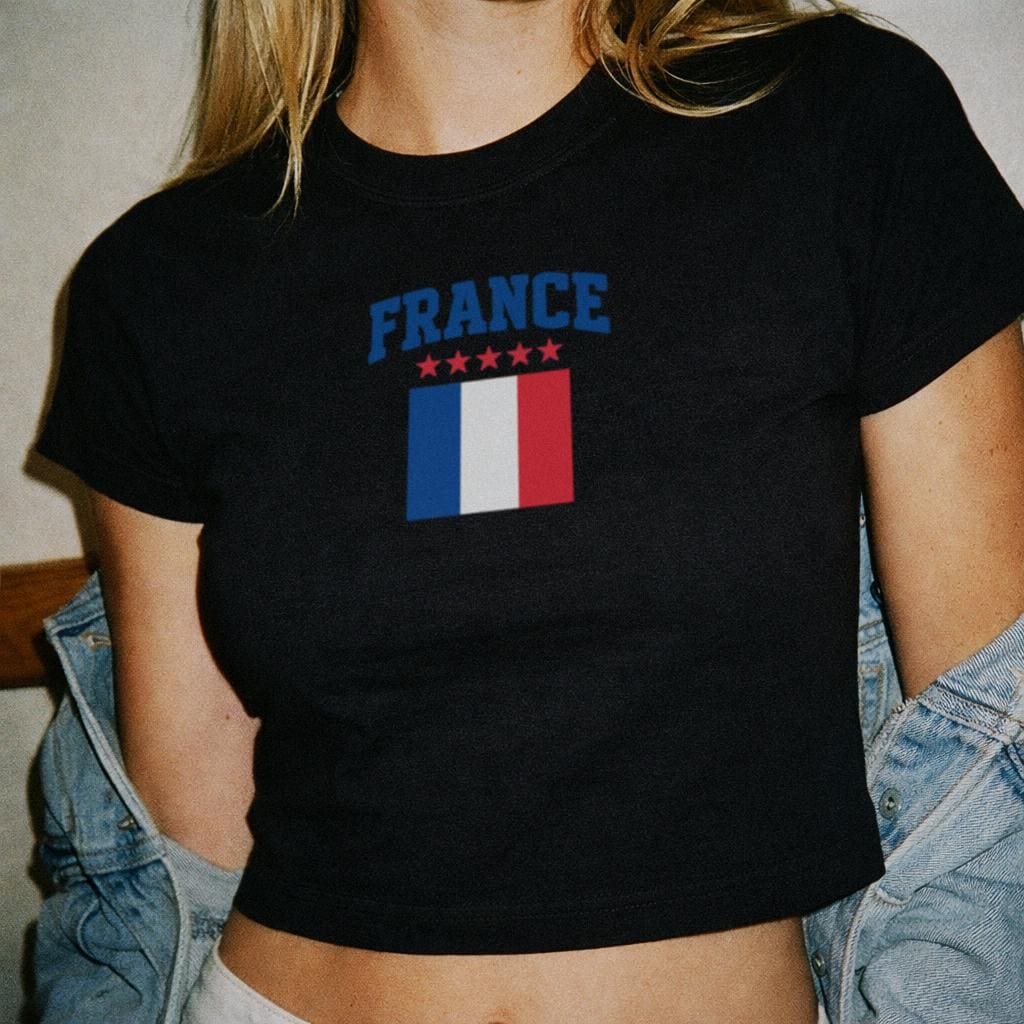France baby tee crop top, black cotton T-shirt with France flag graphic