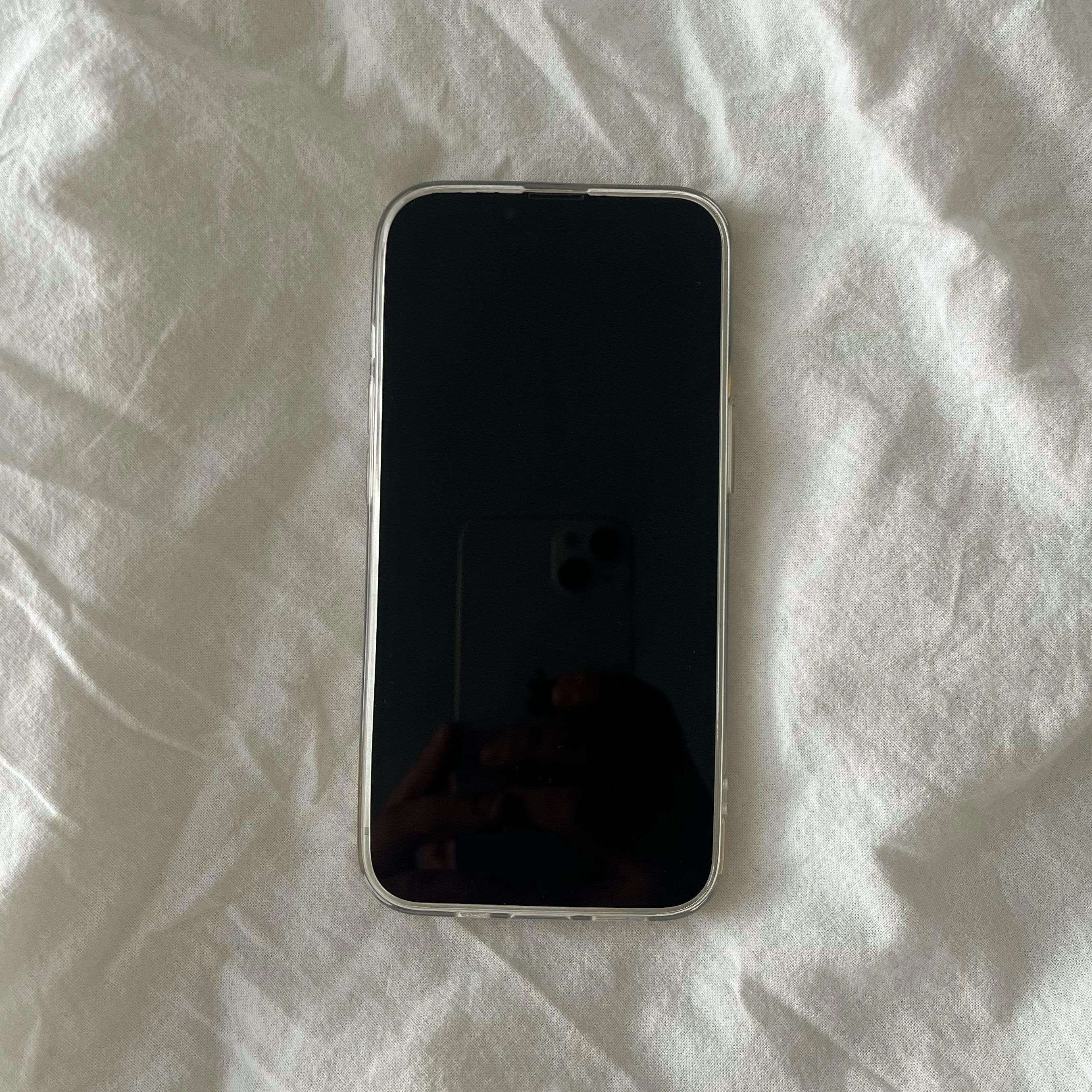 Transparent iPhone case with slim clear frame, front view