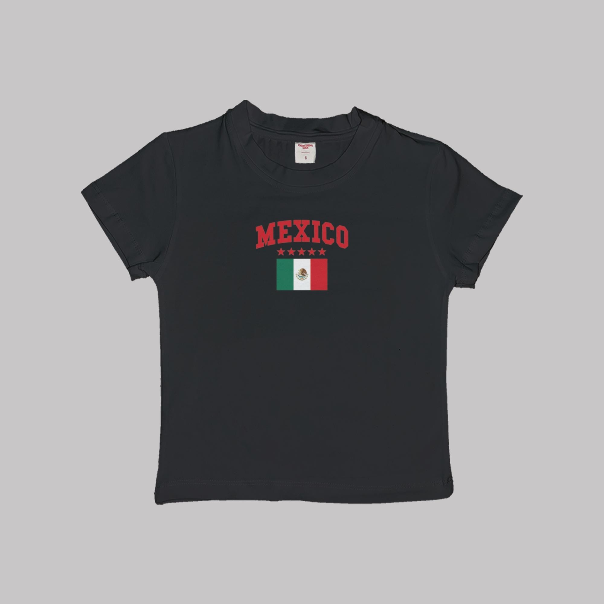 Black baby crop T-shirt with “MEXICO” text and Mexico flag graphic