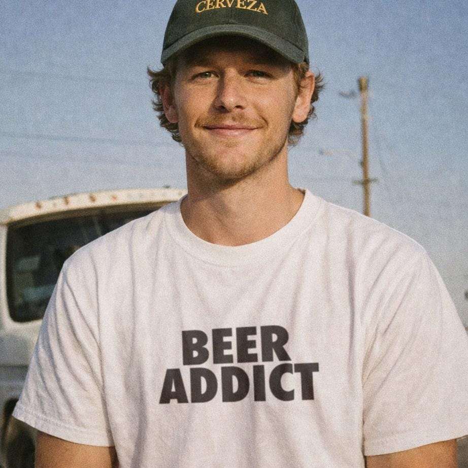 White Beer-themed T-shirt worn by model; 'BEER ADDICT' black logo on chest