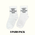 White crew socks with 'A NOT-HER FUCKING DAY' slogan, 3-pack set
