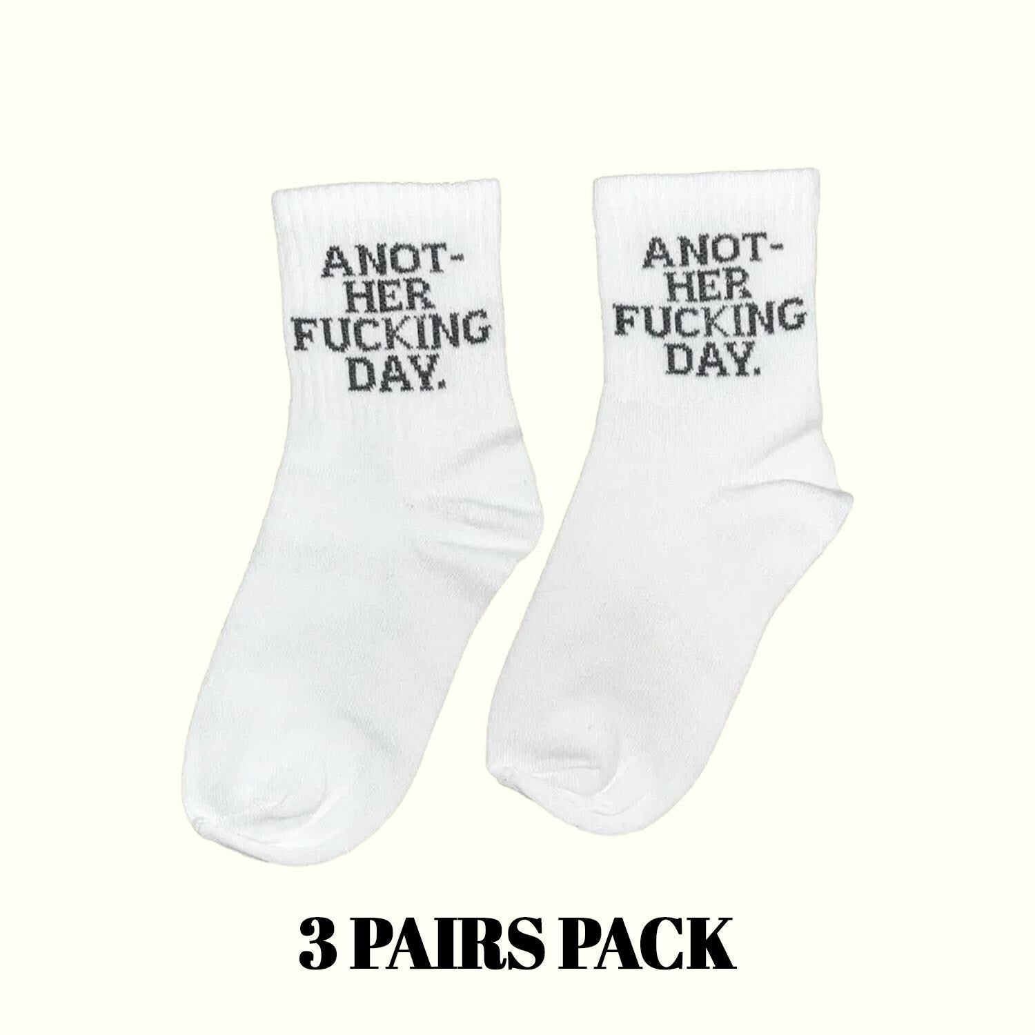 White crew socks with 'A NOT-HER FUCKING DAY' slogan, 3-pack set