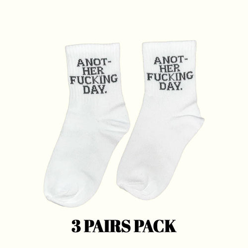 White crew socks with 'A NOT-HER FUCKING DAY' slogan, 3-pack set