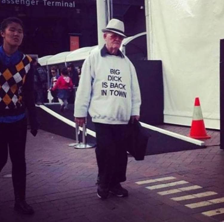 White sweatshirt with front print: BIG DICK IS BACK IN TOWN