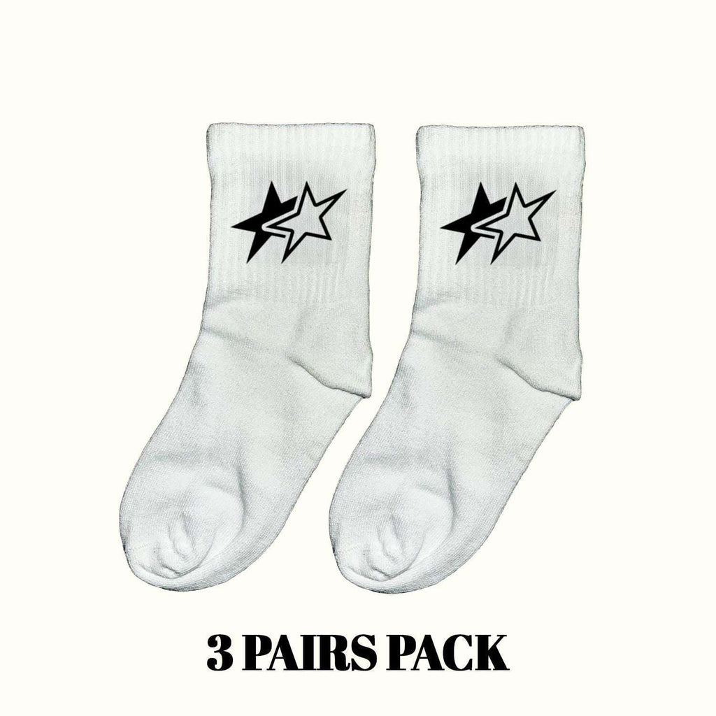 White crew socks with black lightning star graphic, 3-pair pack