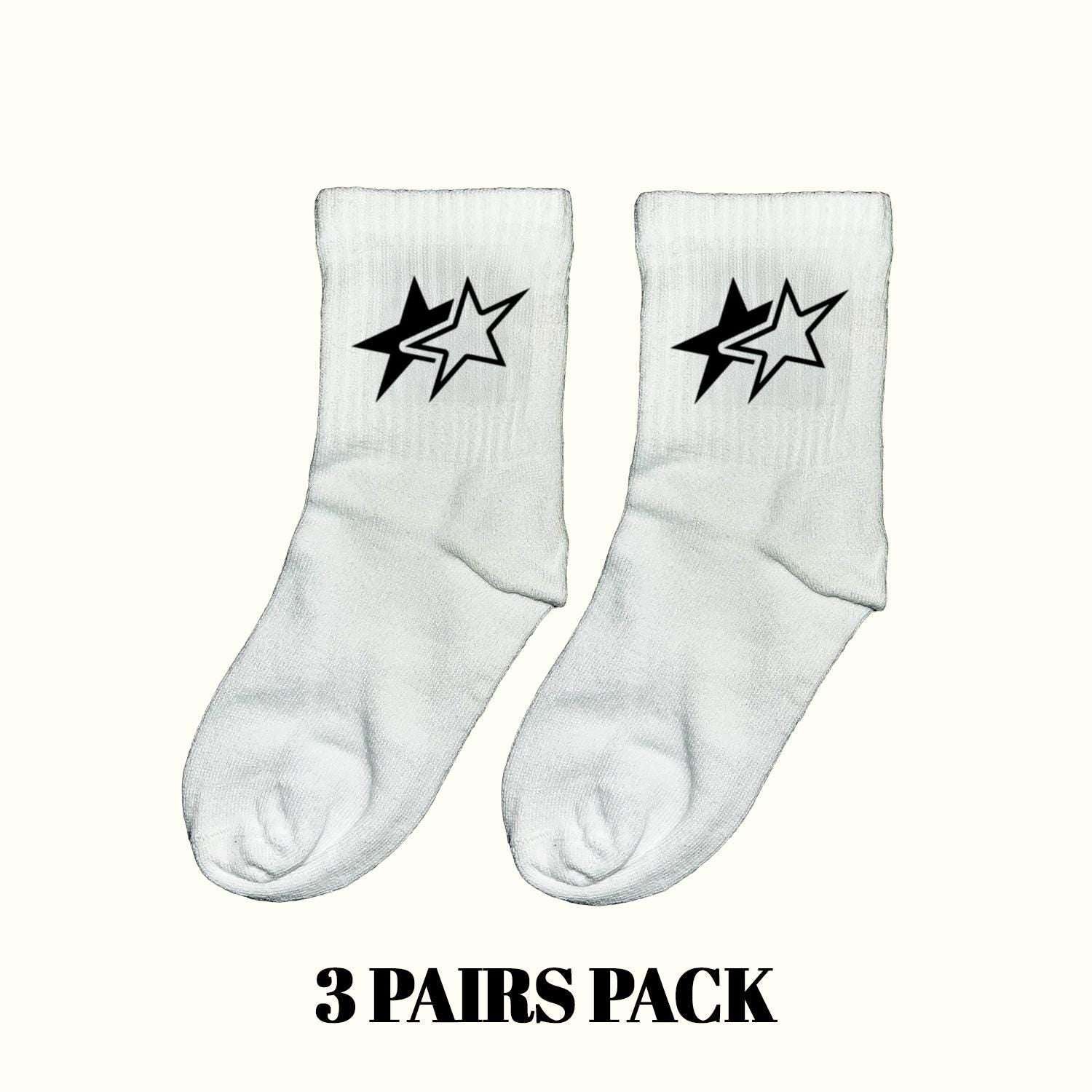 White crew socks with black lightning star graphic, 3-pair pack