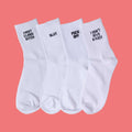White crew socks with printed cuff sayings: FIRST CLASS BITCH, SLUT, FUCK OFF