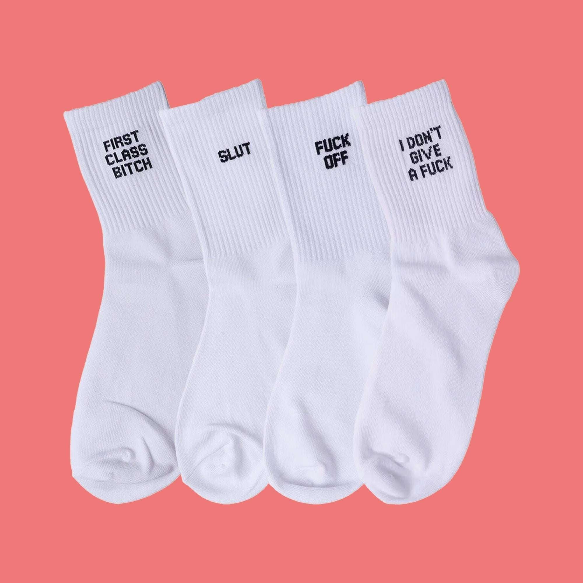 White crew socks with printed cuff sayings: FIRST CLASS BITCH, SLUT, FUCK OFF