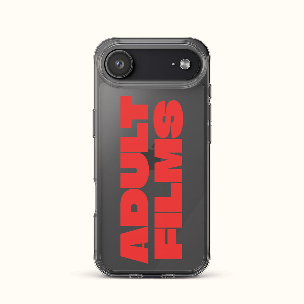 iPhone case back view: dark shell with red typographic design, raised camera ring