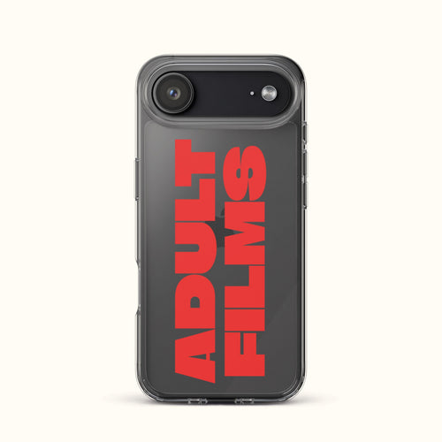 iPhone case back view: dark shell with red typographic design, raised camera ring