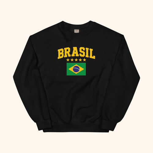 Brasil sweatshirt preto com estampa “BRASIL” e bandeira do Brasil