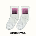White crew socks with purple empowerment text, cushioned heel and toe