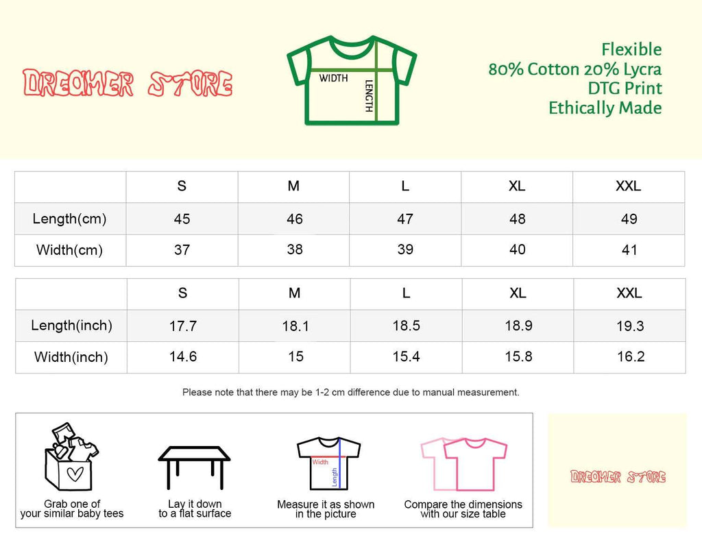 Baby tee size chart diagram with front view and measurement labels