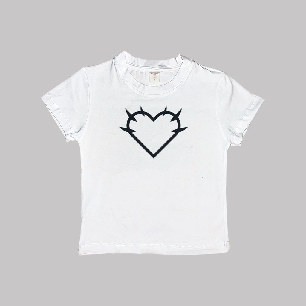 Y2K Heart Baby Tee Crop Top, white shirt with black heart graphic