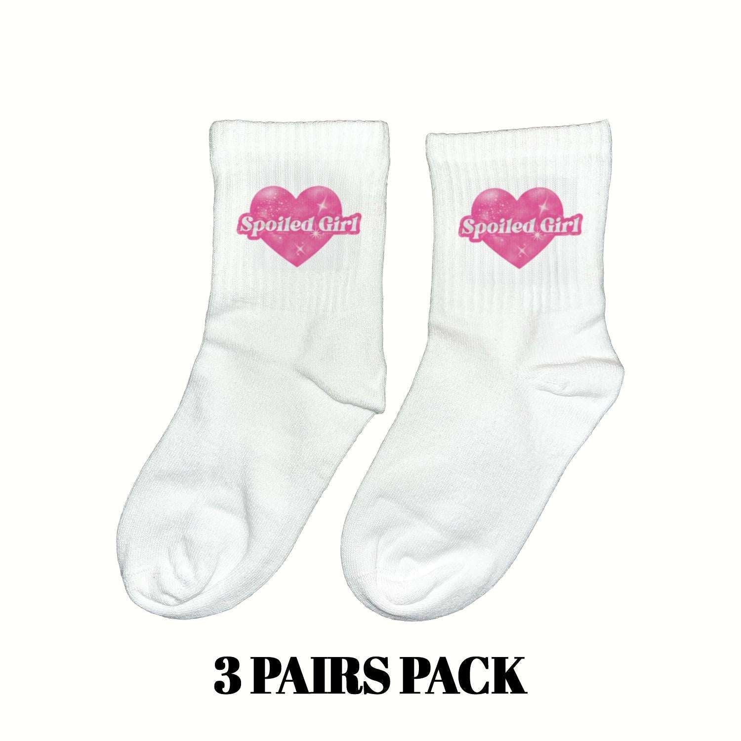 White girls' socks with pink heart 'Spoiled Girl' logo, 3-pack