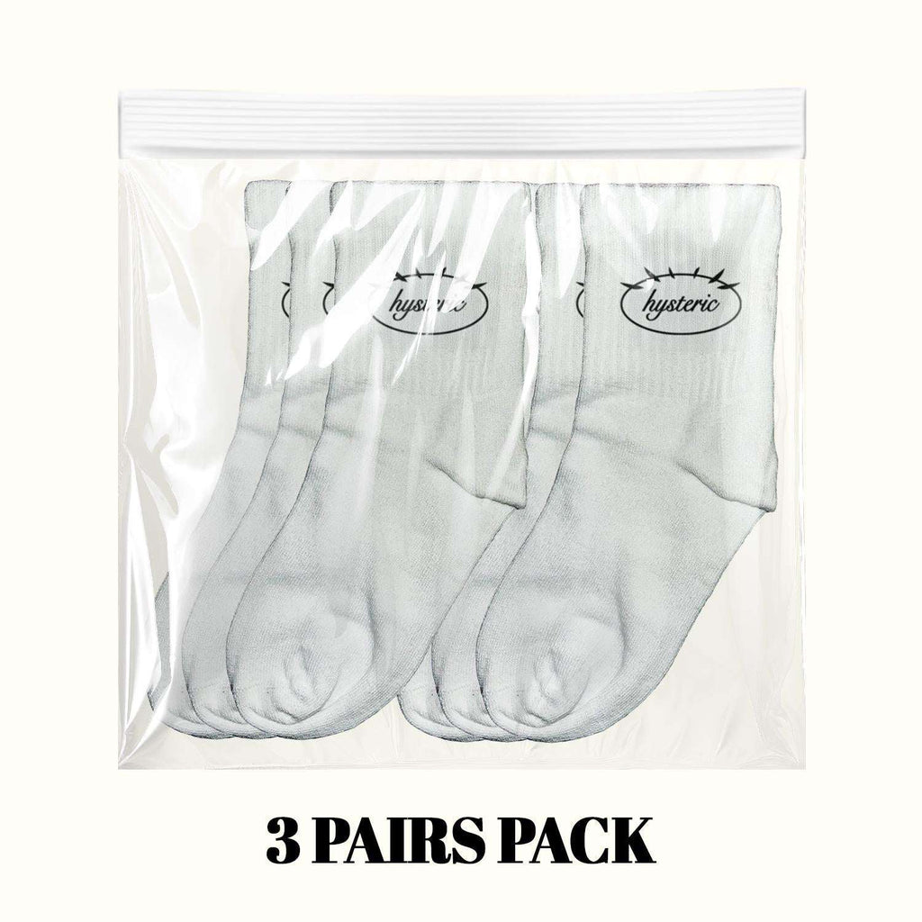 Three-pair crew sock pack, light gray socks with Hysteric logo