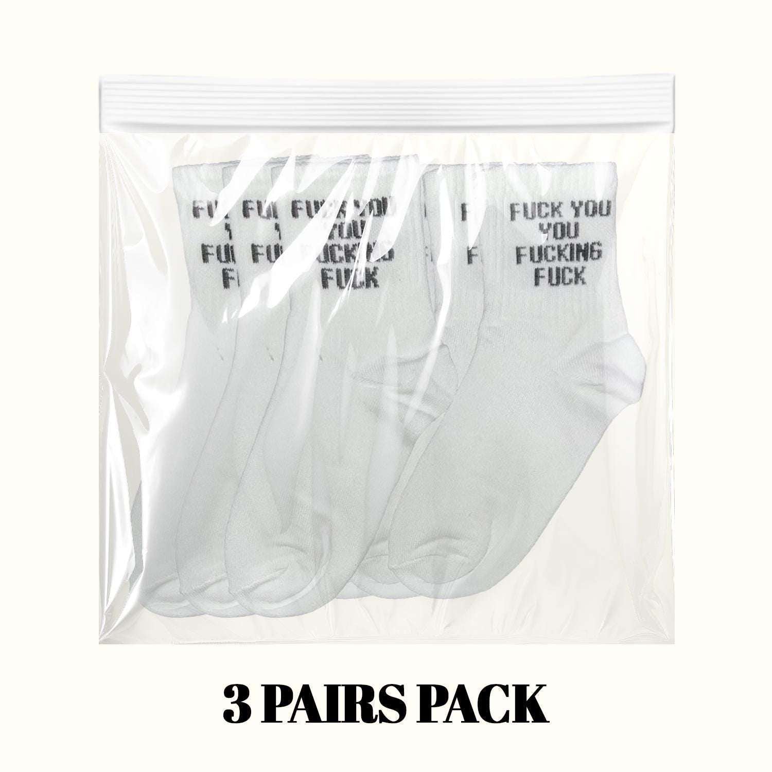 3-pack white crew socks with black repeating slogan text