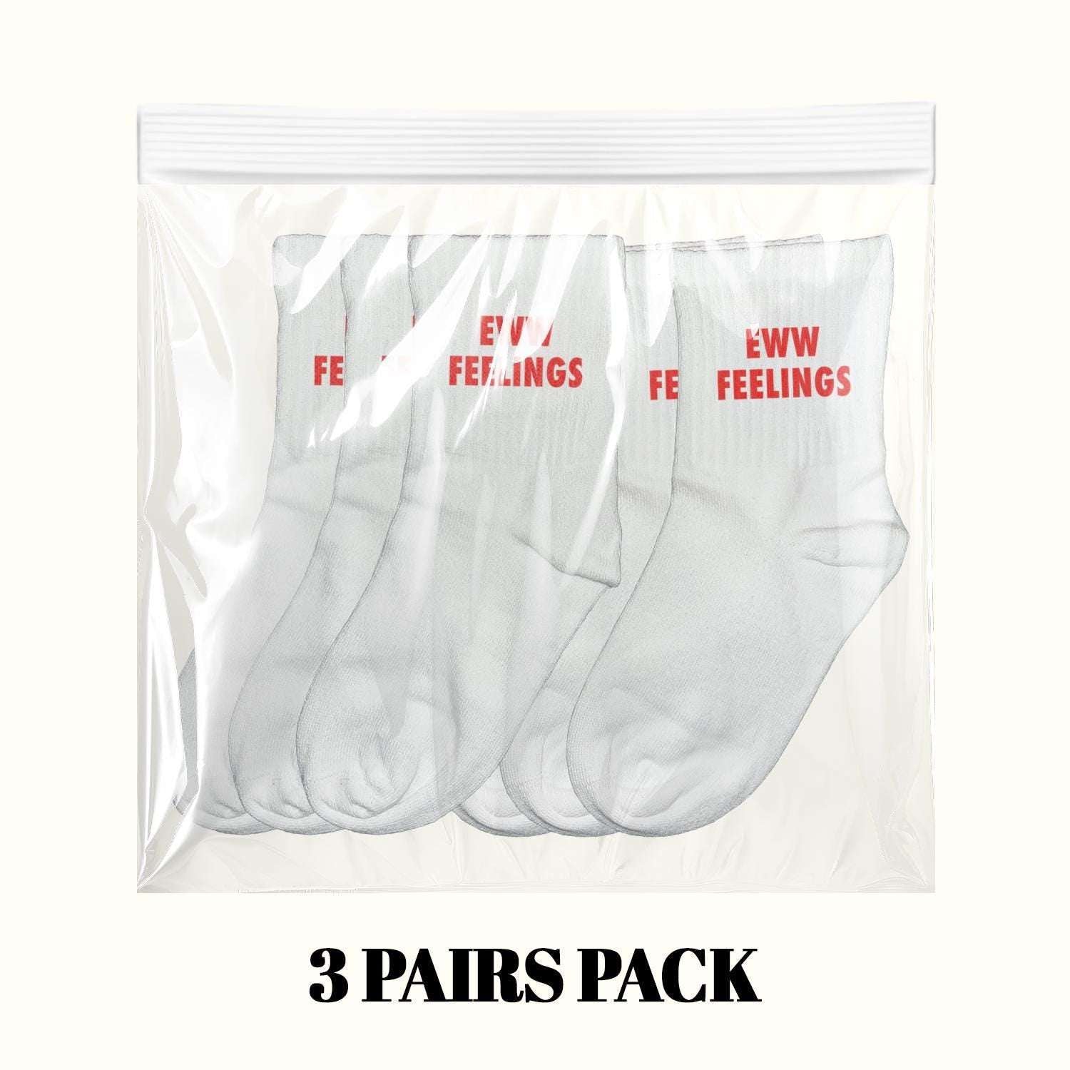 3-pair sock pack, white crew socks with red 'EWW FEELINGS' print.