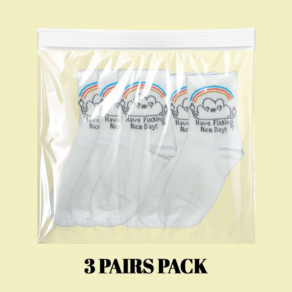 3 pairs pack of white crew socks with rainbow-striped cuff and smiling face prints