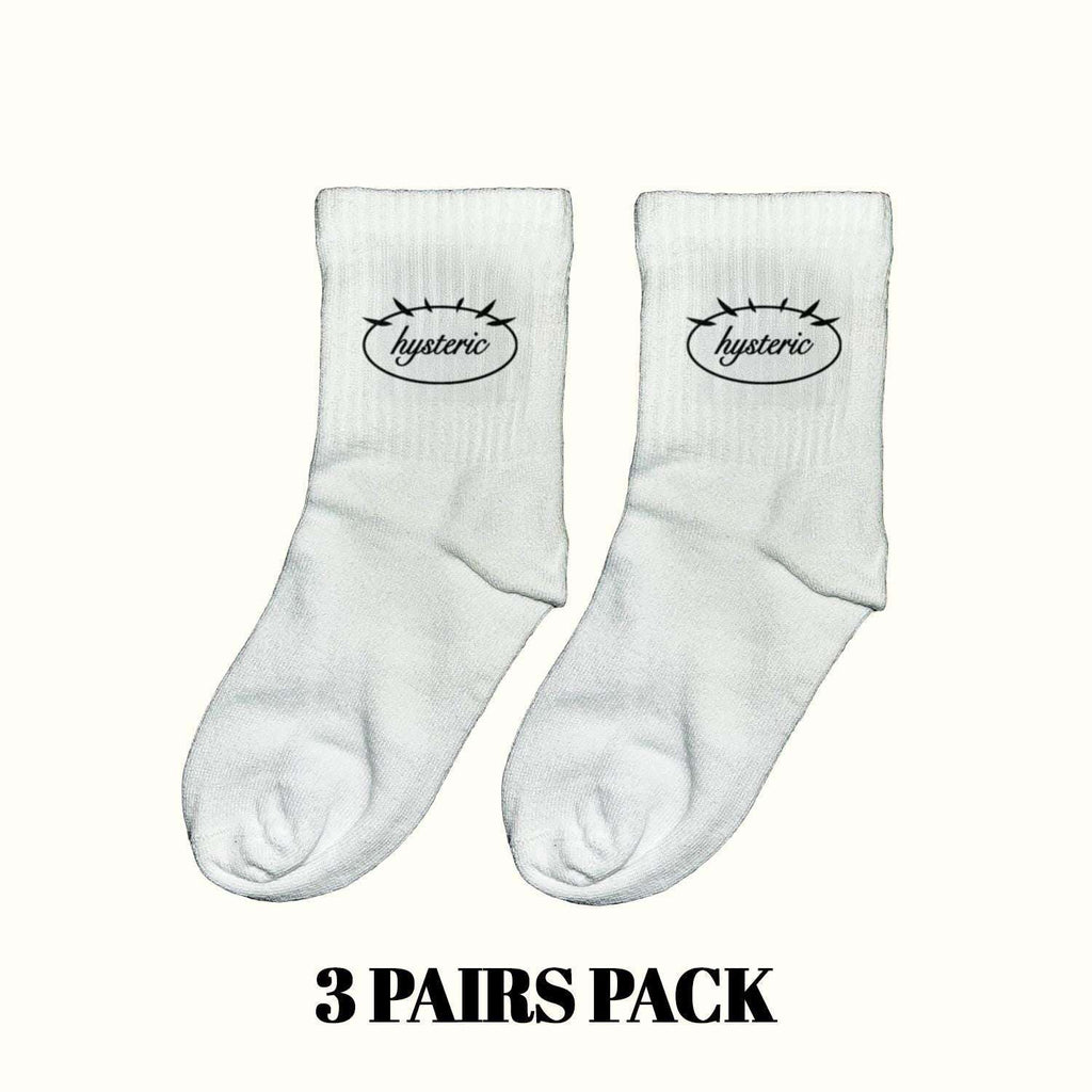 Light gray crew socks with Hysteric logo, two socks shown