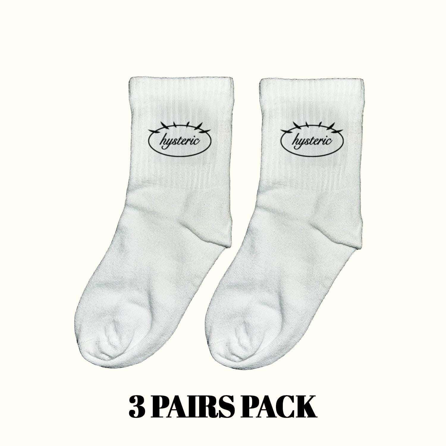 Light gray crew socks with Hysteric logo, two socks shown