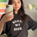Black unisex T-shirt with large white graphic text on chest, short sleeves