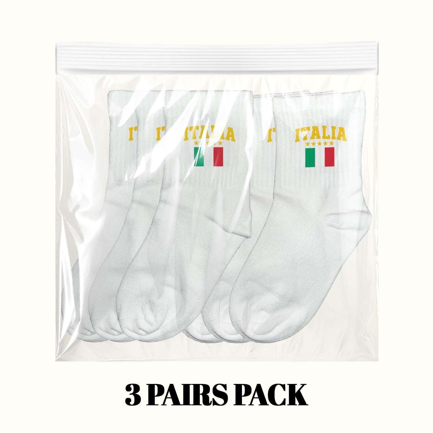 White Italia crew socks multipack in clear plastic bag with ITALIA flag logos