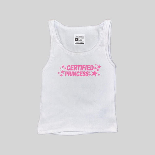 White ribbed muscle tank top with pink “CERTIFIED PRINCESS” graphic, crew neck