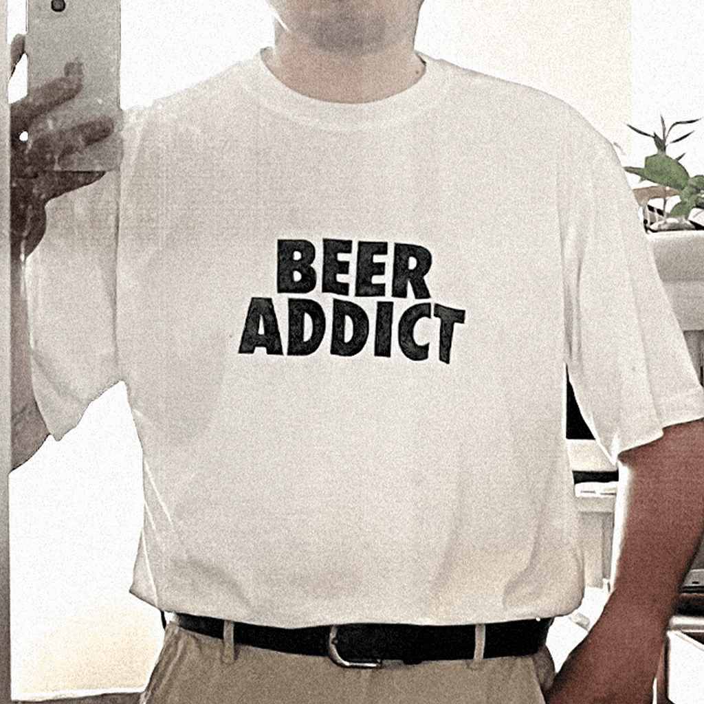 Beer-themed T-shirt in white with bold 'BEER ADDICT' black front print