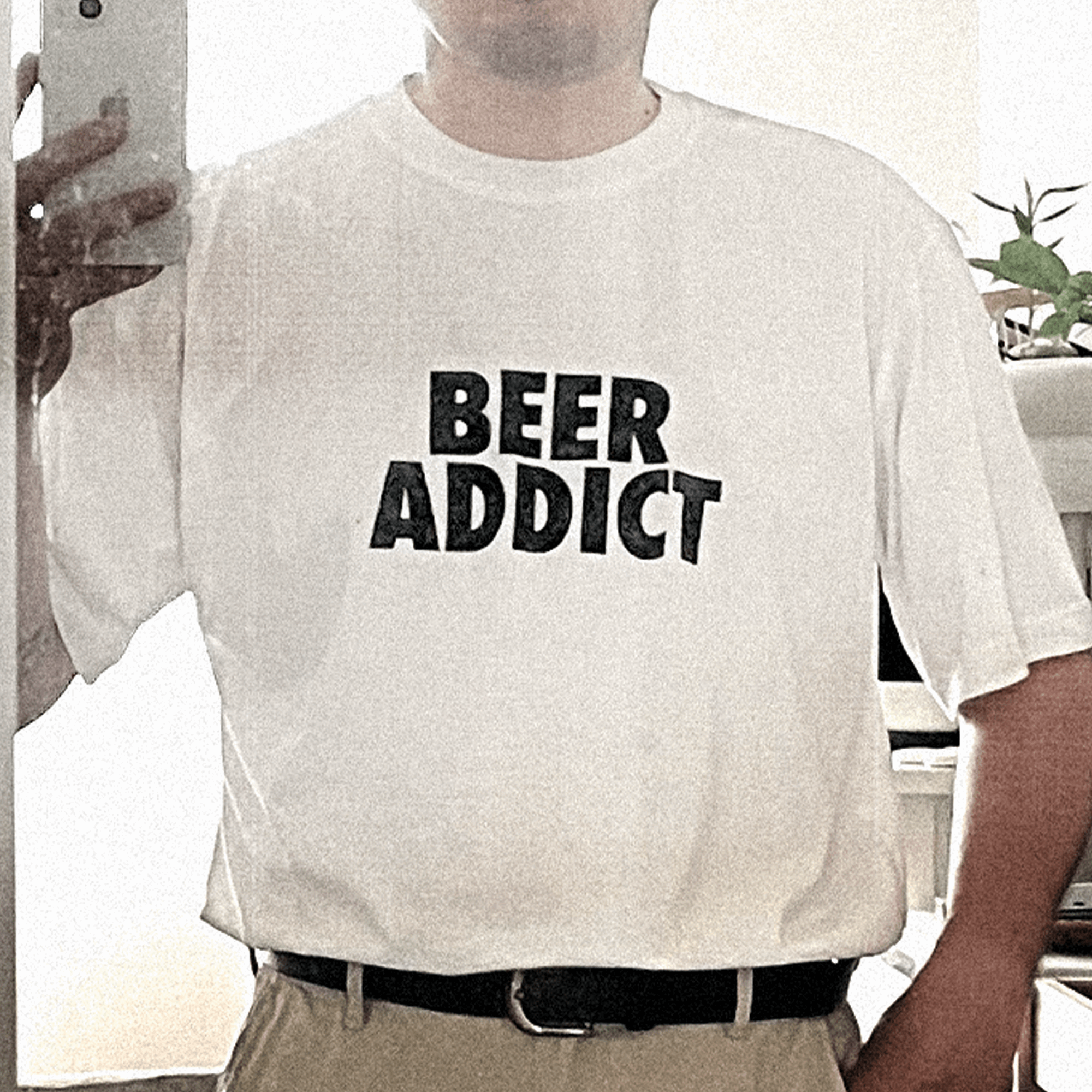Beer-themed T-shirt in white with bold 'BEER ADDICT' black front print