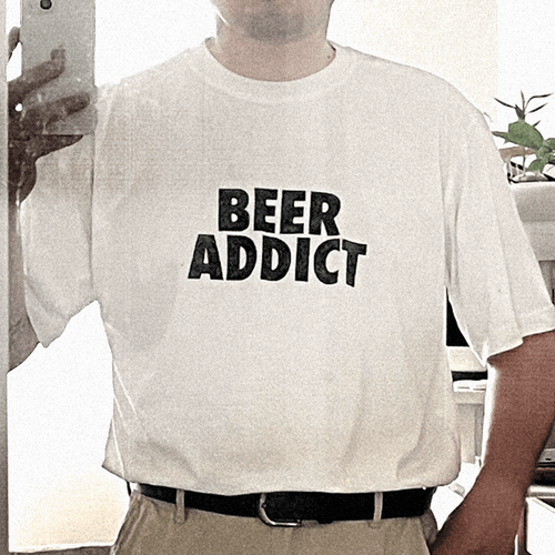 Beer-themed T-shirt in white with bold 'BEER ADDICT' black front print