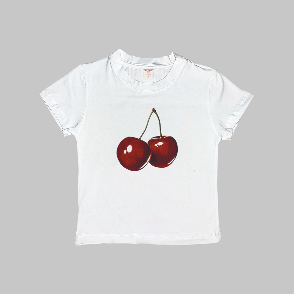 white baby tee with realistic red cherry graphic cute fruit print shirt coquette aesthetic top y2k baby tee soft girl outfit cherry lover clothing playful summer top feminine minimalist fashion sweet girl aesthetic casual everyday tee picnic outfit festival outfit concert outfit trendy cropped shirt cute graphic top birthday gift Christmas gift gift for her girlfriend gift flirty cherry aesthetic clothing
