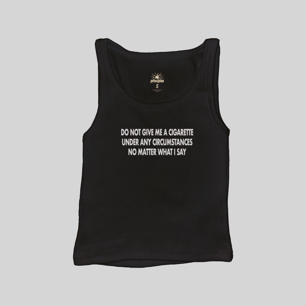 Black muscle tank top with crew neck and front slogan graphic