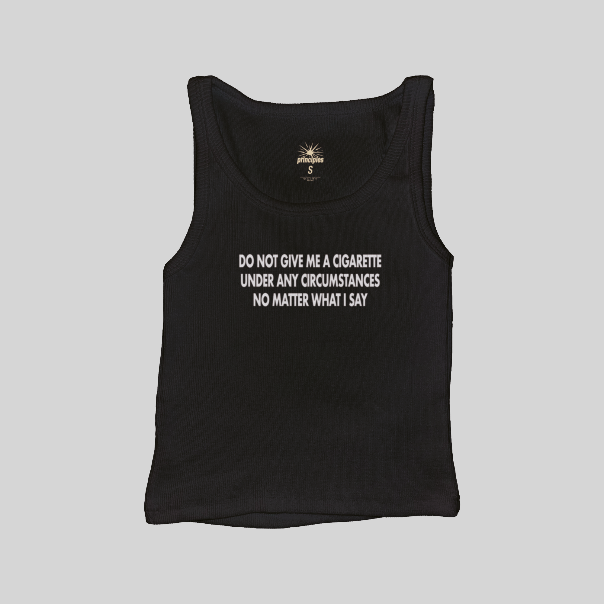 Black muscle tank top with crew neck and front slogan graphic