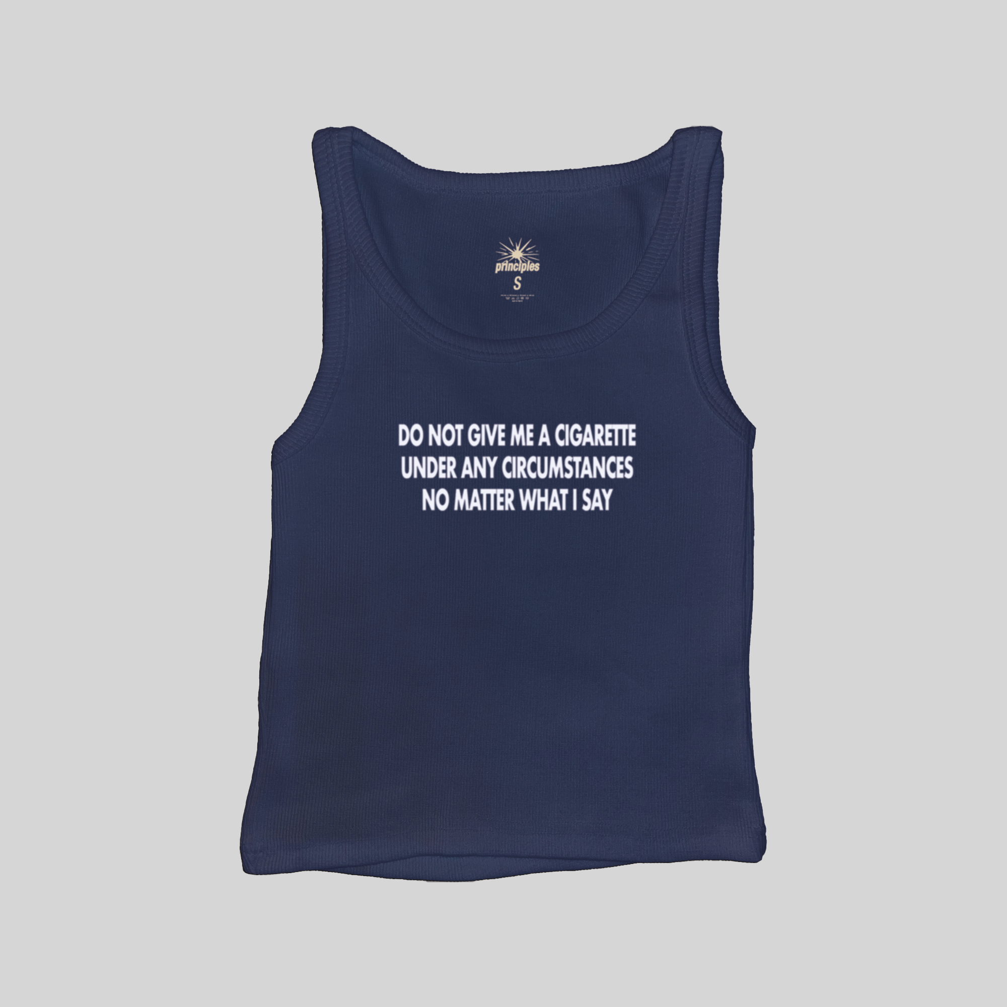 Navy blue muscle tank top with crew neck and front slogan graphic