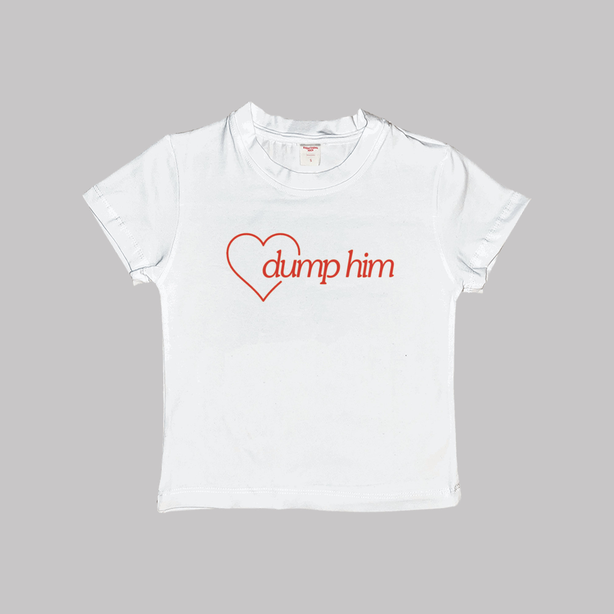 White baby tee with red heart “dump him” logo