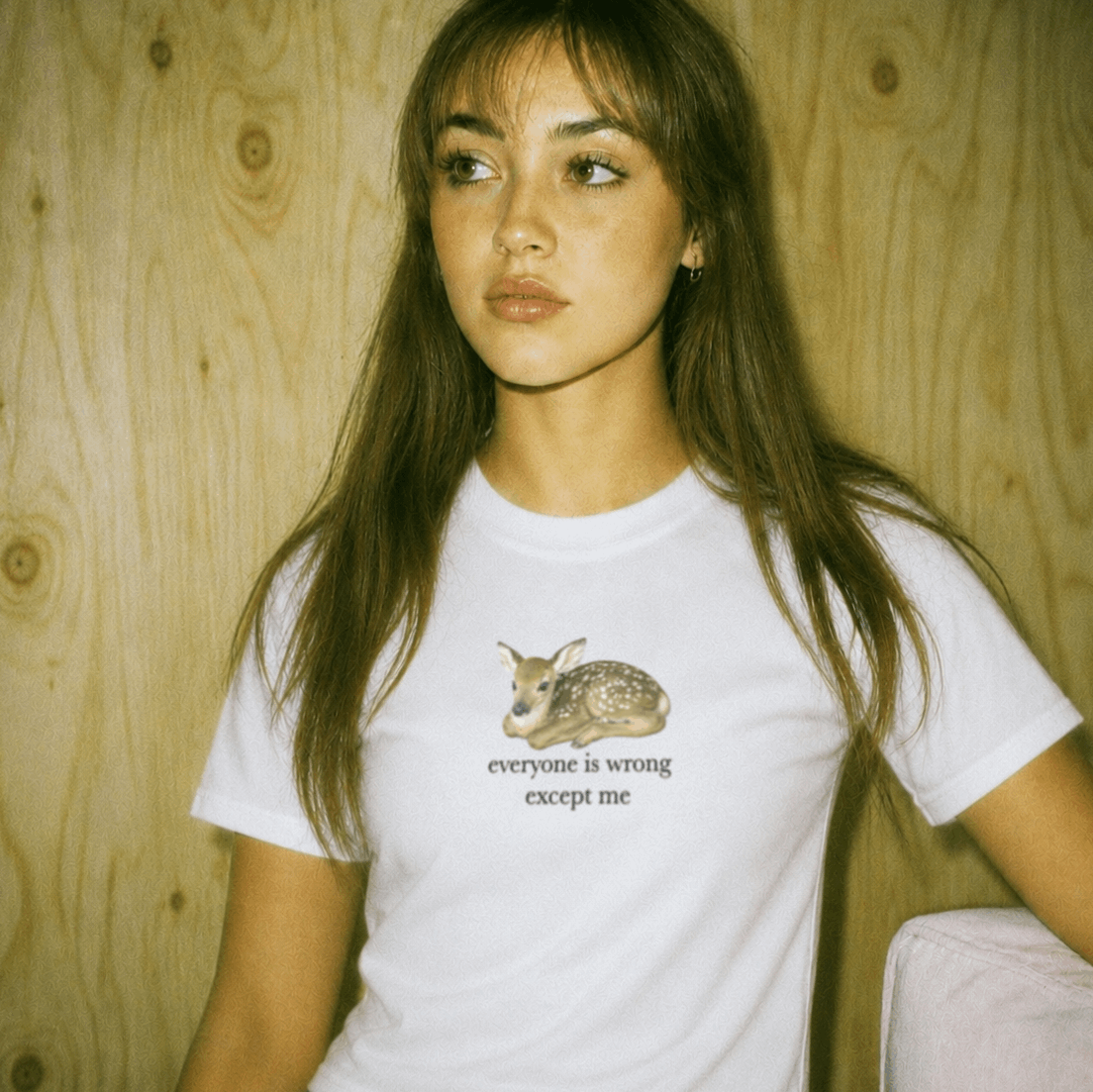White T-shirt with a fawn graphic and the text “everyone is wrong except me”