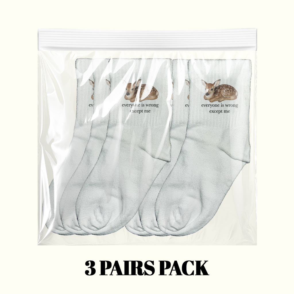 white crew socks with cute deer illustration and everyone is wrong except me text funny sarcastic socks aesthetic animal graphic socks cozy cottagecore vibe soft girl accessory ironic quote socks quirky minimalist fashion comfy streetwear socks cute casual outfit woodland aesthetic trendy novelty socks y2k inspired accessory funny gift for her birthday gift cute statement socks