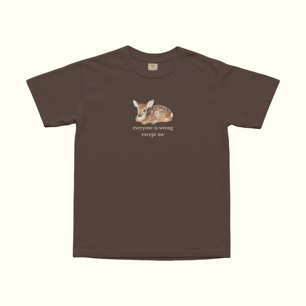 white oversized graphic t shirt with cute baby deer illustration and everyone is wrong except me text funny sarcastic quote tee aesthetic animal shirt ironic statement top soft girl outfit coquette woodland aesthetic vintage inspired graphic tee minimalist fashion casual streetwear comfy everyday outfit introvert humor shirt delusional confidence main character energy gift for her birthday gift trendy y2k aesthetic tee