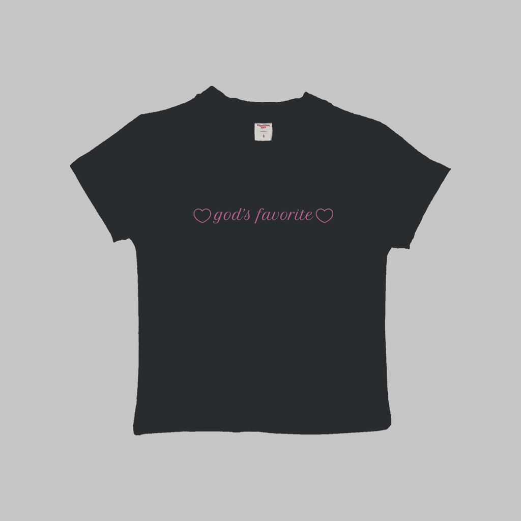 Black crop baby tee with "god's favorite" heart logo on chest