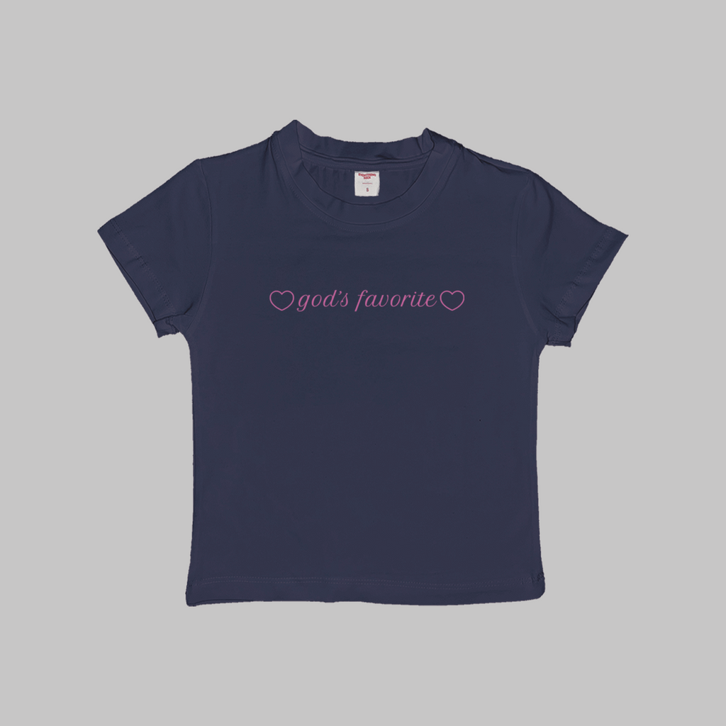 Navy baby tee crop top with "god's favorite" heart logo on chest