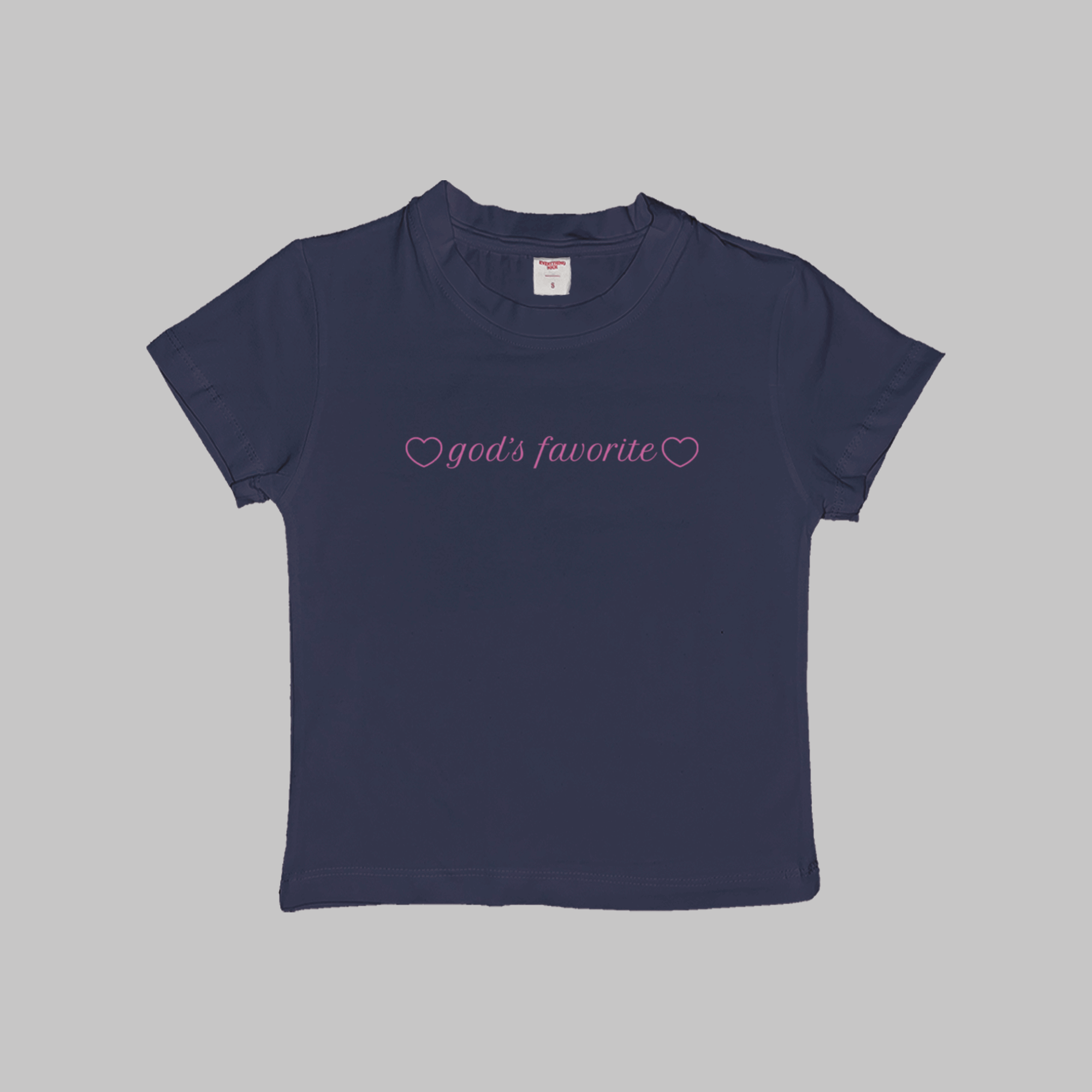 Navy baby tee crop top with "god's favorite" heart logo on chest