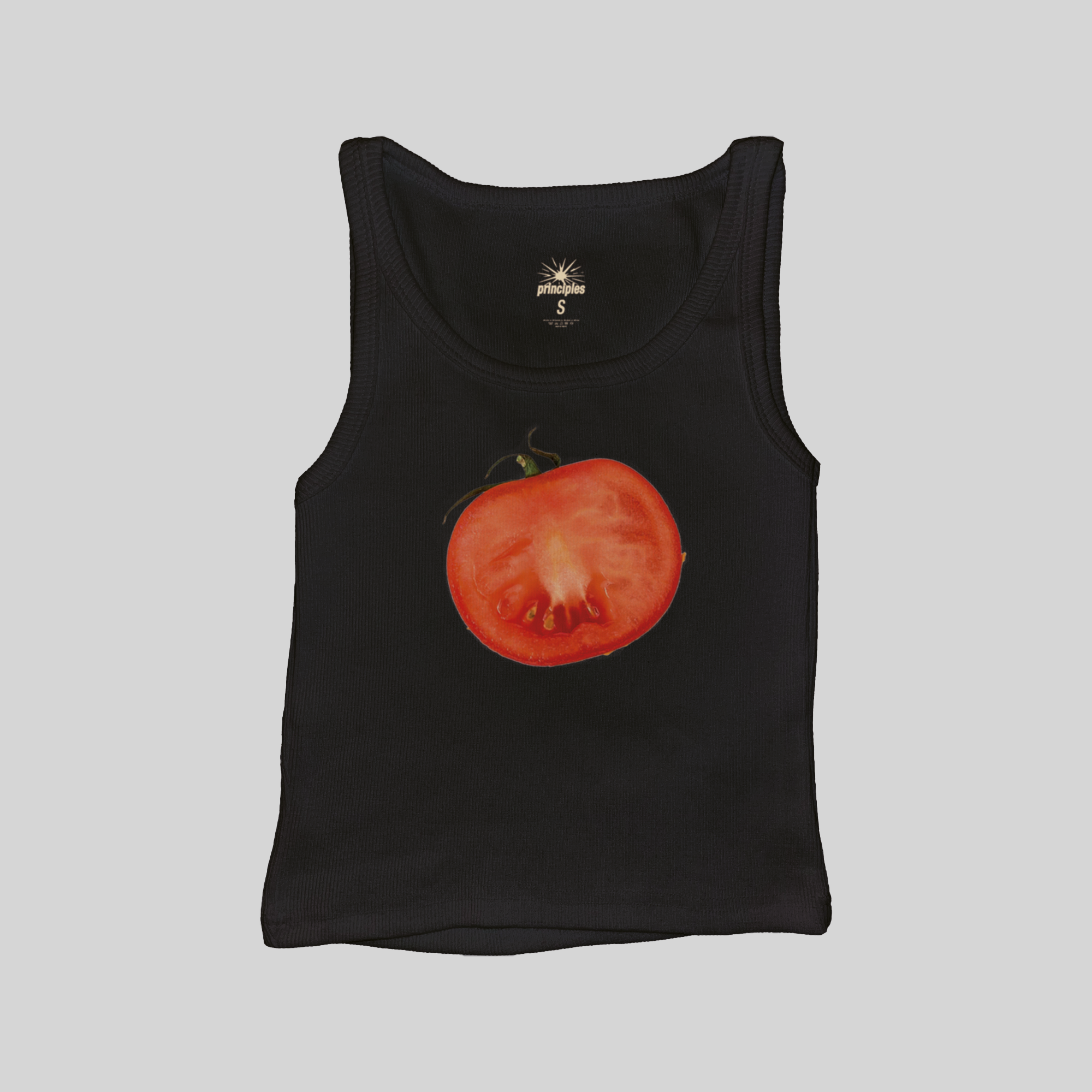 Black sleeveless muscle tank top with tomato graphic and crew neckline