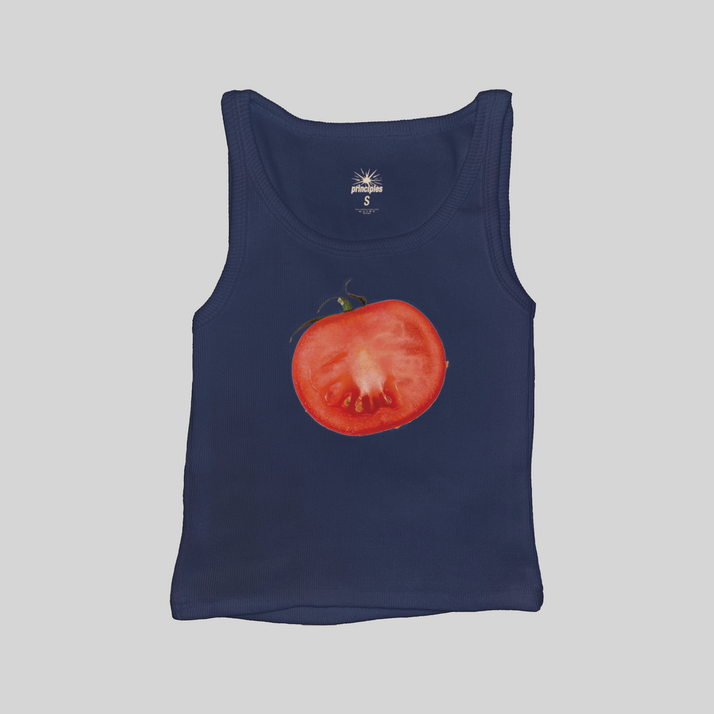 Navy blue sleeveless muscle tank top with tomato graphic and crew neckline