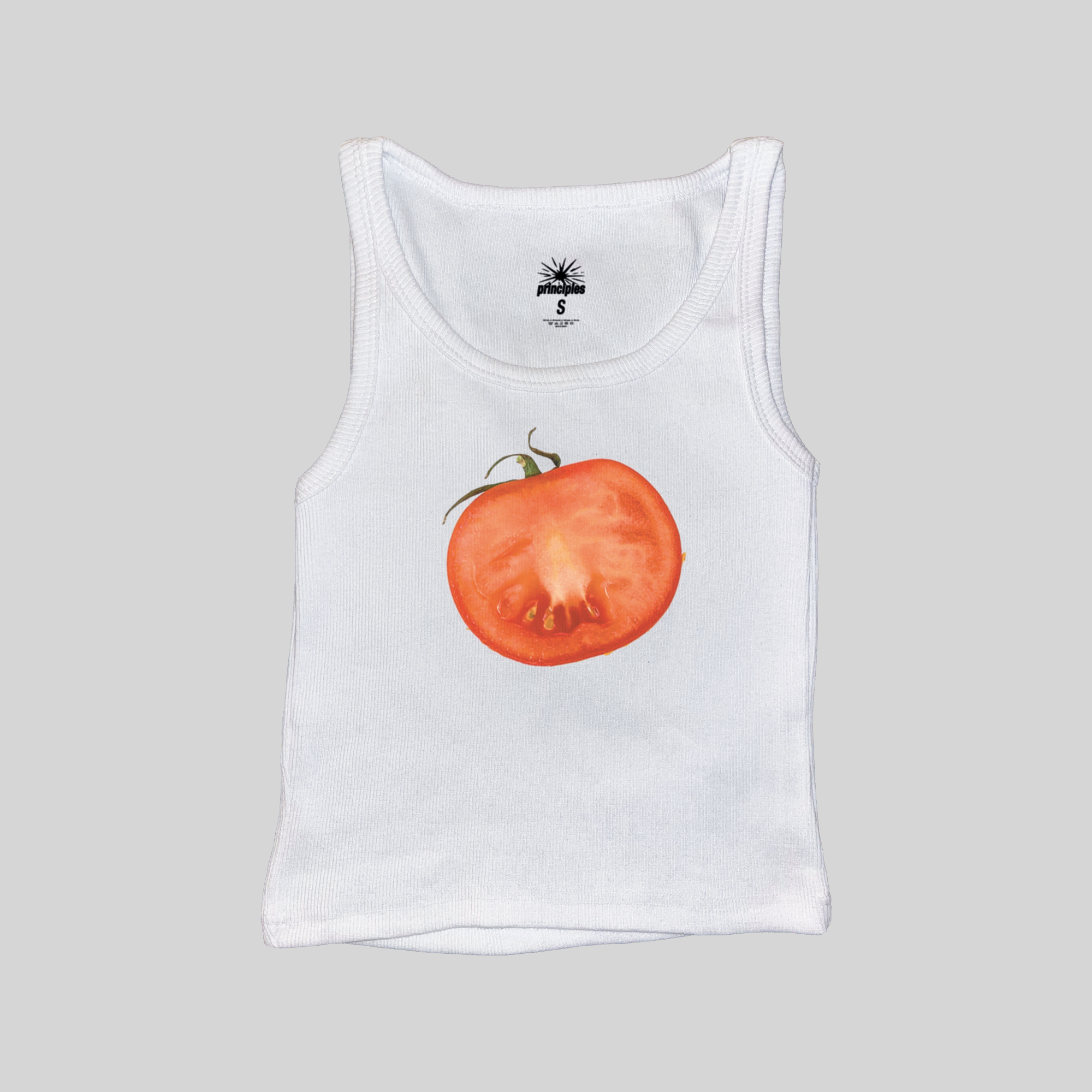 White sleeveless muscle tank top with tomato graphic and crew neckline
