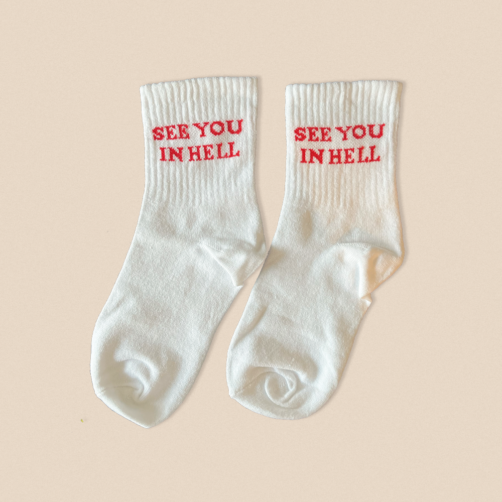 See You In Hell Socks 3 Pairs Red Text Dreamer Store bitch curse cute but psycho dreamer store first class fuck fuck you fucking IDGAF off see you in hell sock socks y2k