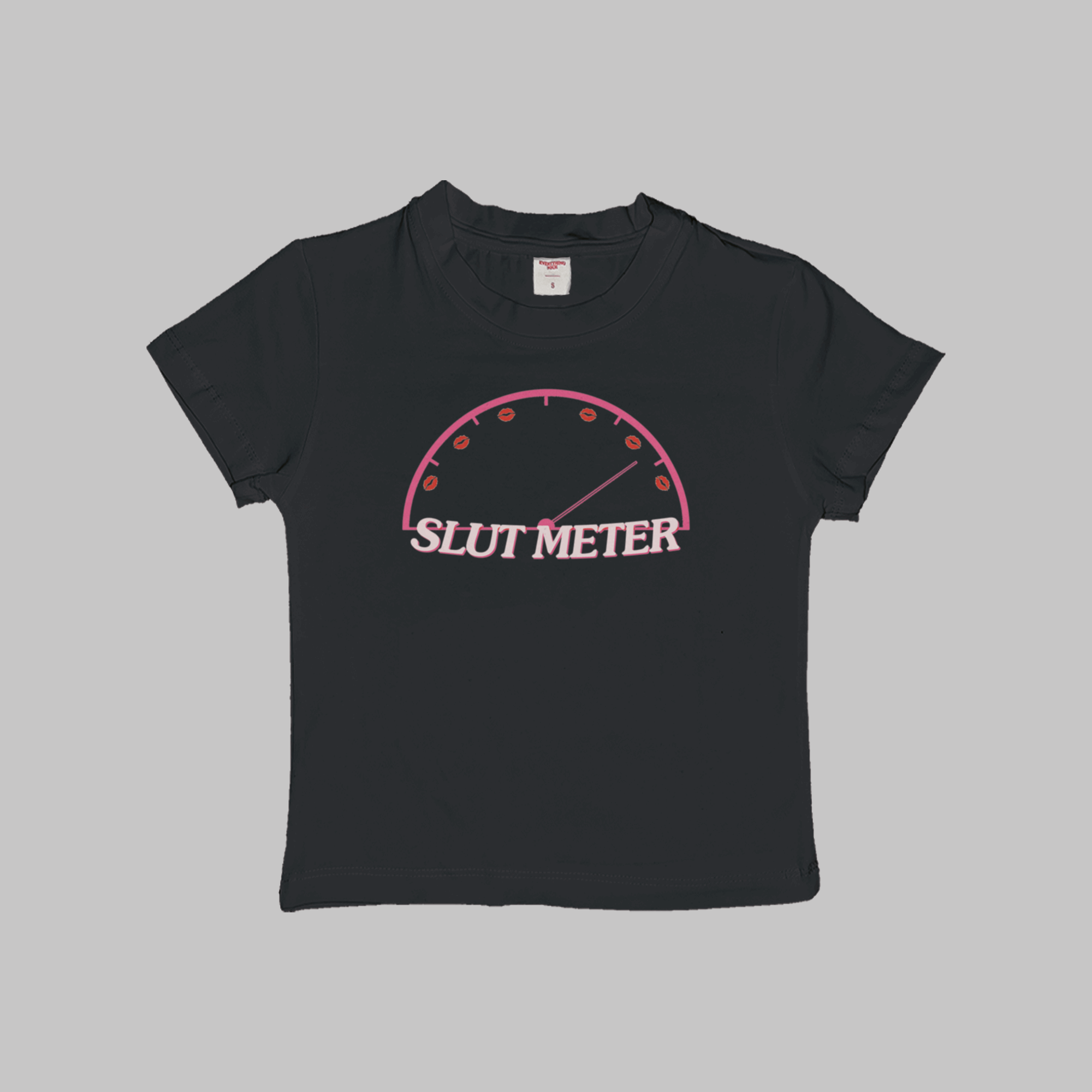 Black baby T-shirt, crew neck, pink “SLUT METER” gauge graphic on chest
