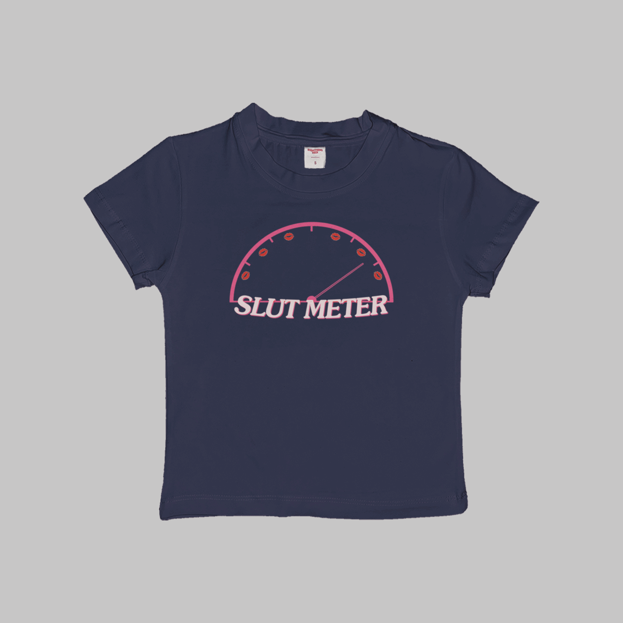 Navy baby T-shirt, crew neck, pink “SLUT METER” gauge graphic on chest