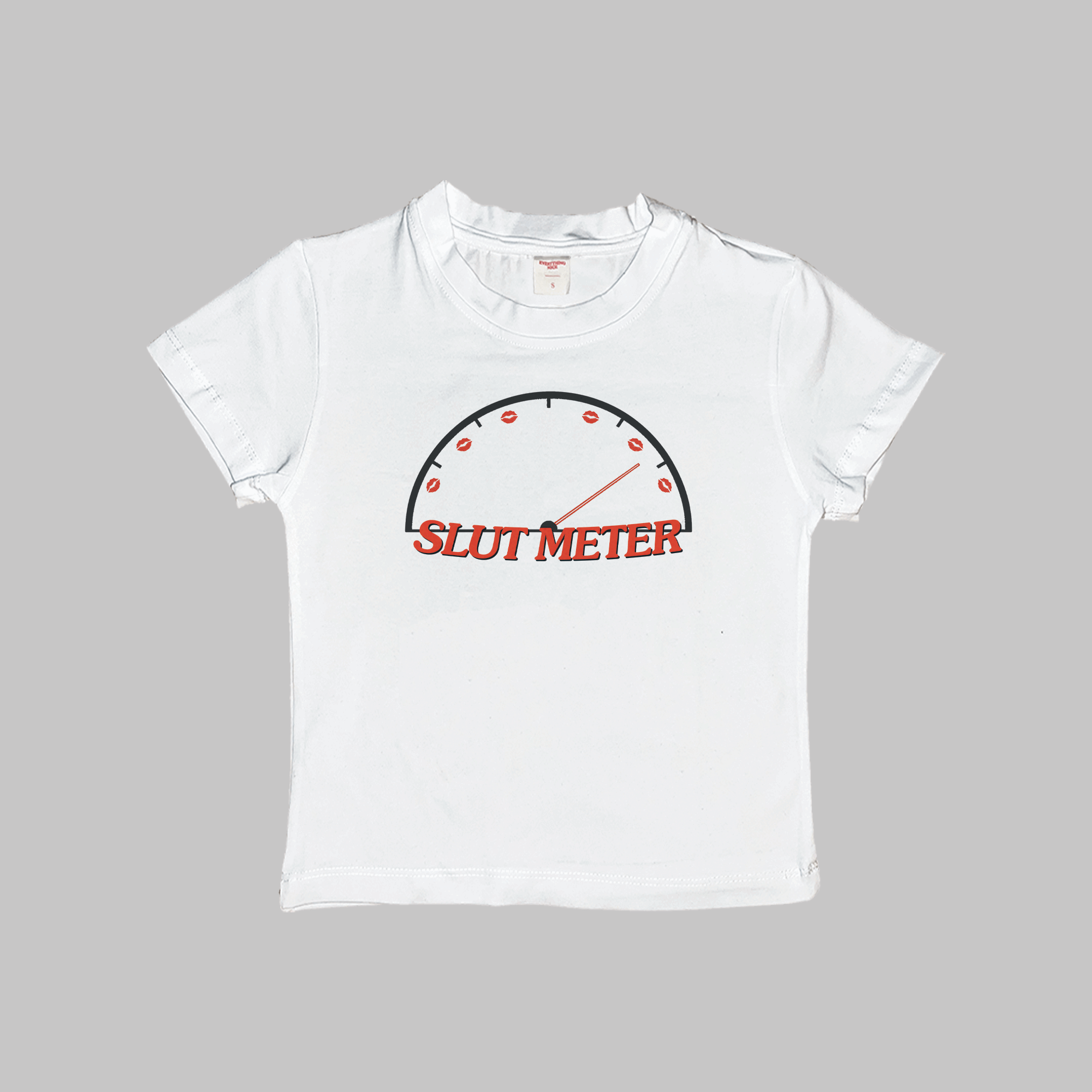 White baby T-shirt, crew neck, black gauge with red “SLUT METER” text