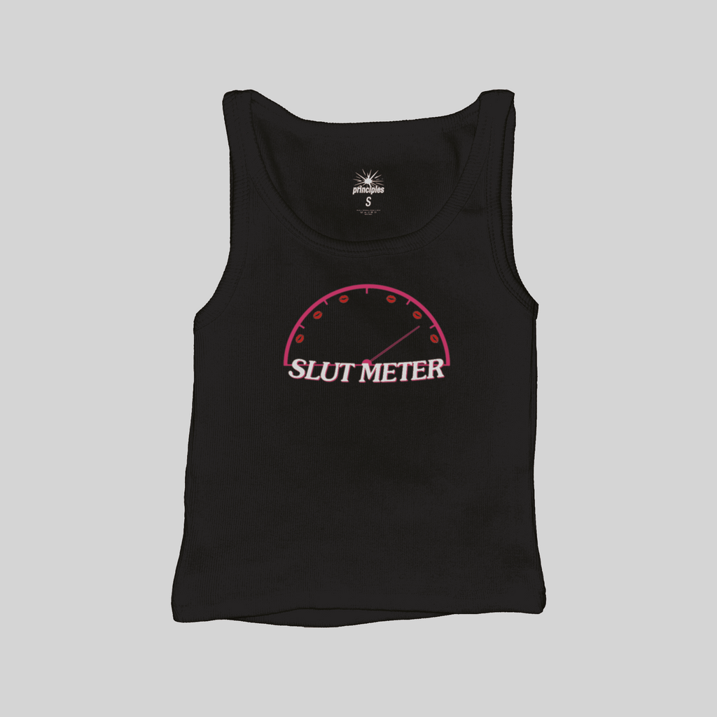 Ribbed muscle tank top in black with “SLUT METER” graphic, sleeveless round neck